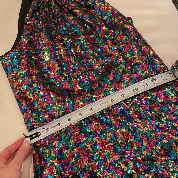 NWT (2) LE GALI rainbow sequin A line flare dress knee length high neck